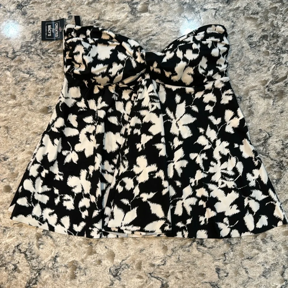 NWT Swim Solutions Floral Flyaway Tankini Top Black White Size 10